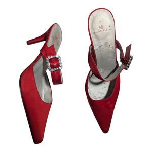 Vtg Y2K Anne Klein Red Satin Rhinestone Buckle Pointed Toe Stiletto Mules Sz 7.5